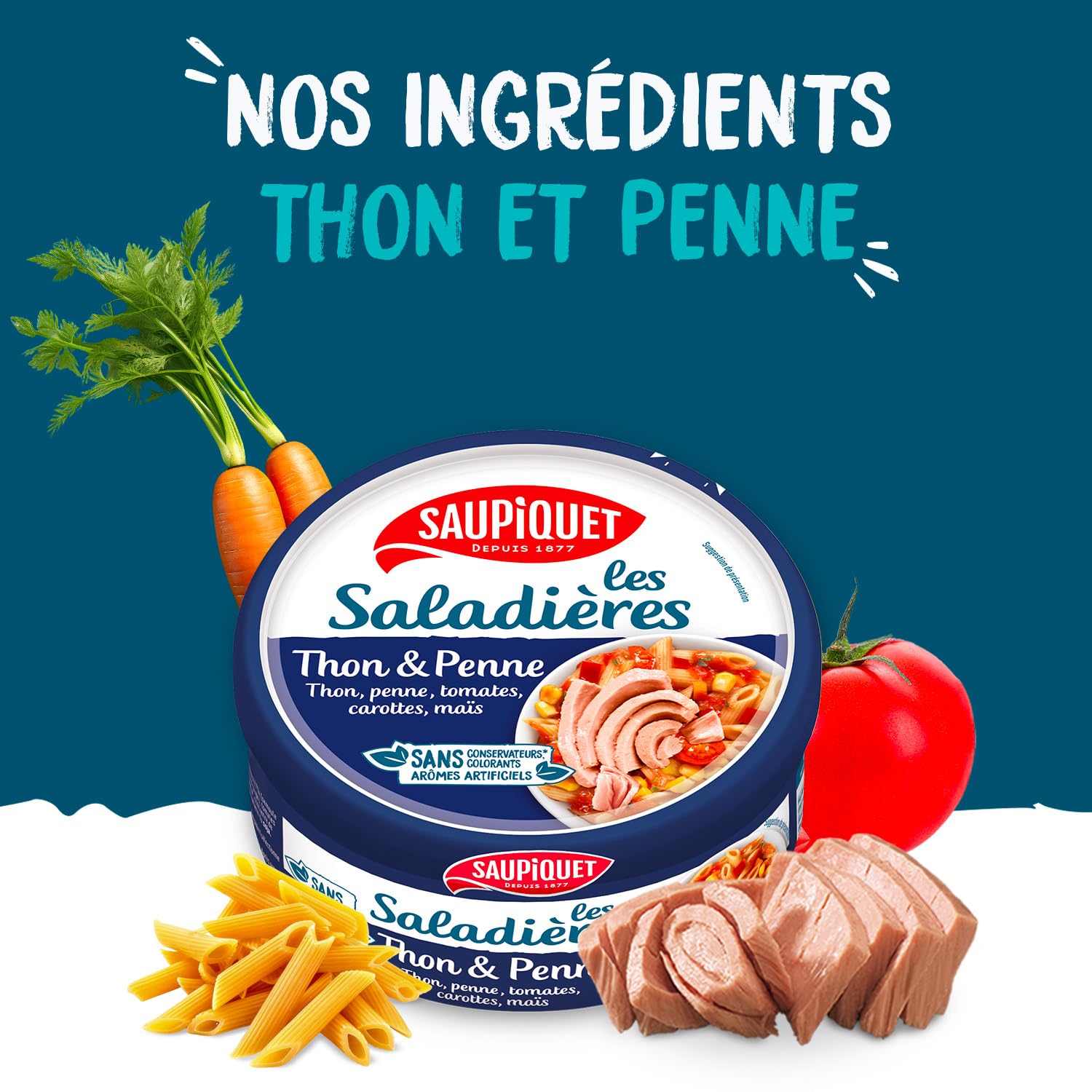 SAUPIQUET - Saladières Thon Penne - Salade Préparée Prête à Consommer - Conservation Température Ambiante - Idéale Pique-Nique - Poisson Issu Pêche Traçabilité Garantie - 7 Conserves (220 g)