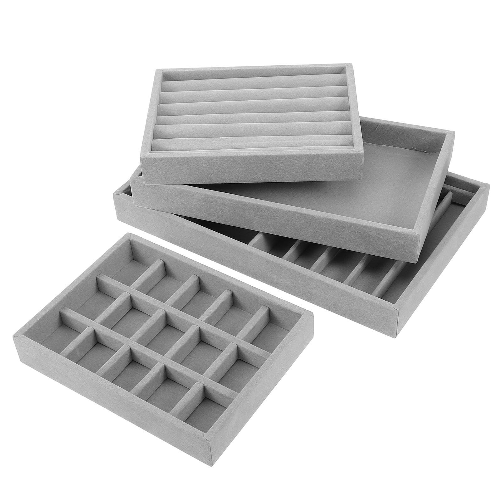 Abaodam Bandeja Organizadora de Joyas Flocada Gris Set de 4 Piezas para Anillos Pendientes y Collares Organizador Compacto para Cajones Soporte Práctico para Exhibir Joyería