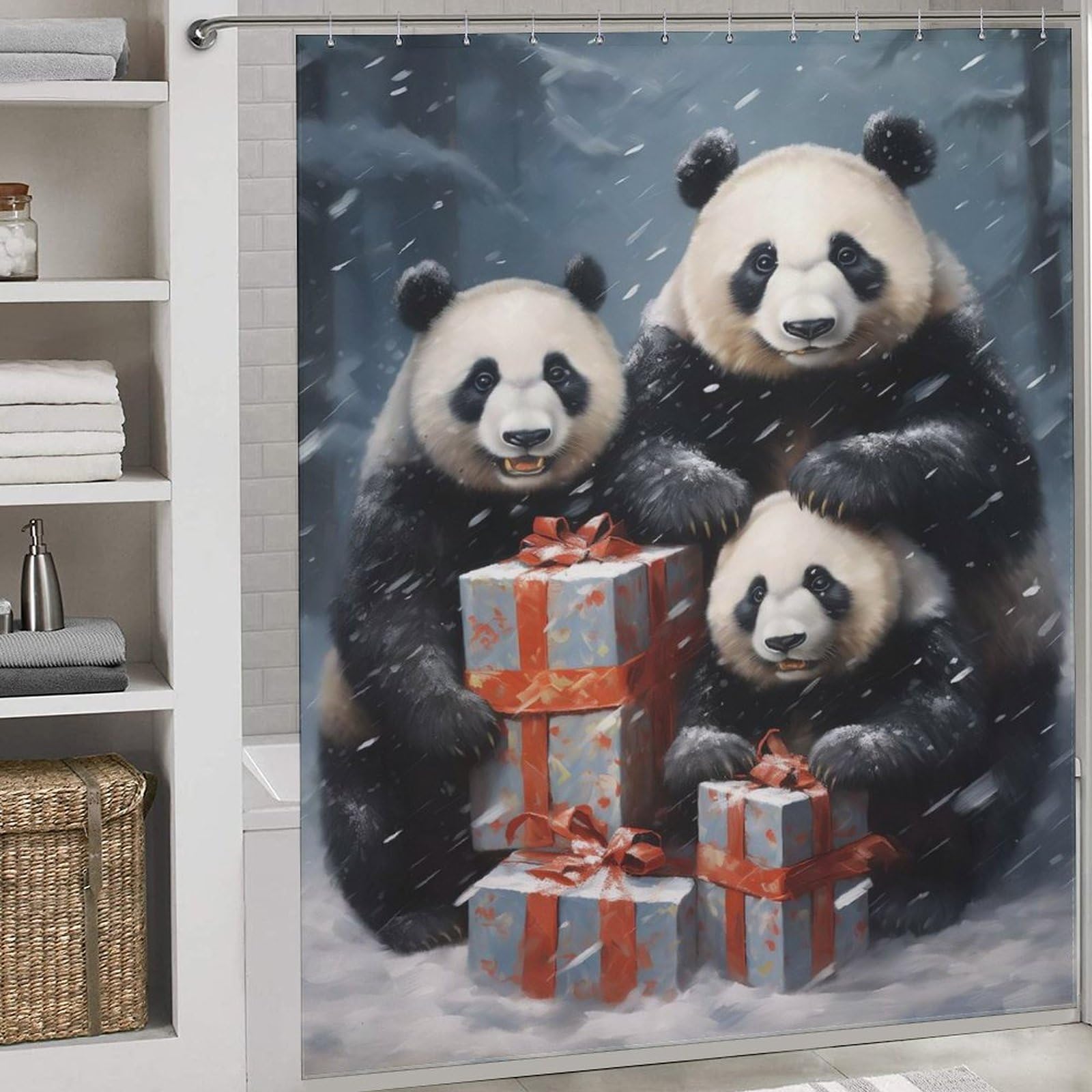 Rideaux de salle de bain lavables Merry Xmas Panda pour caravane 177x180cm