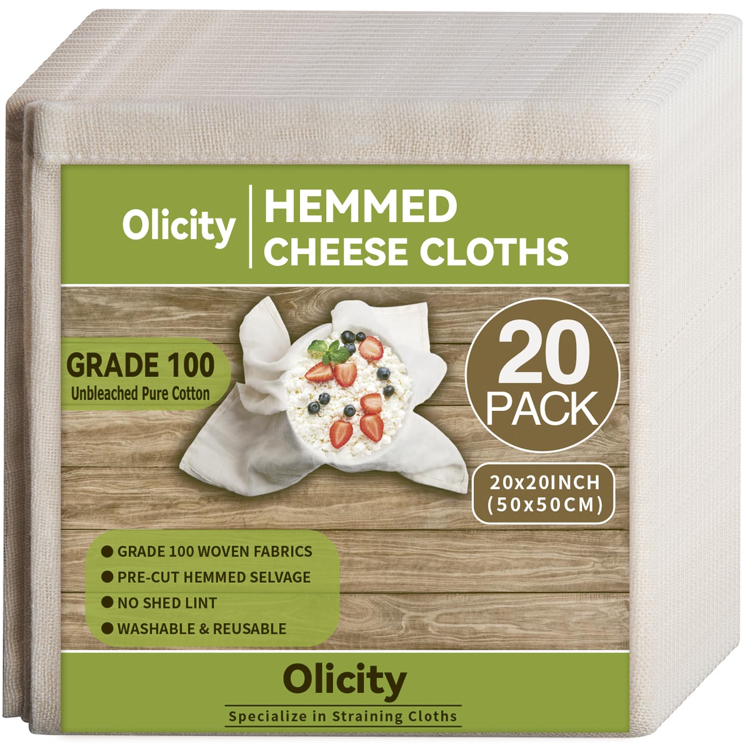 Olicity Cheesecloth Bulk, 20Pack, Grade 100, 20x20Inch Hemmed Cheese Cloths