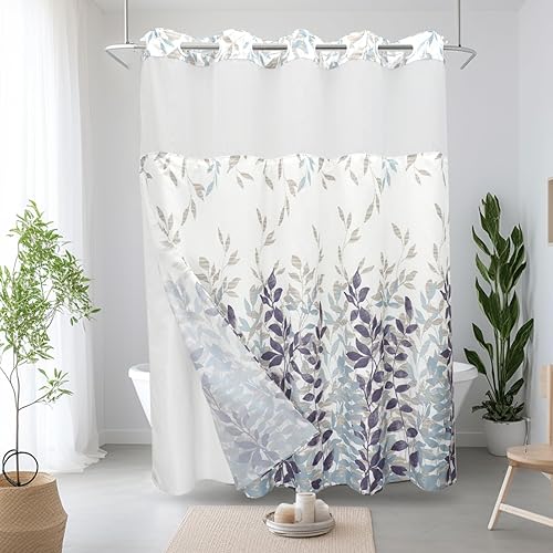 VIUOON Juego de cortina de ducha sin gancho con forro de tela a presión, doble capa de tela resistente, cortina de baño con patrón de hojas grandes