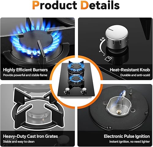 Miniatura 3 de Estufa de gas de 2 quemadores, placa de propano de 12 pulgadas, estufa de gas integrada de vidrio templado negro con protección de termopar, placa