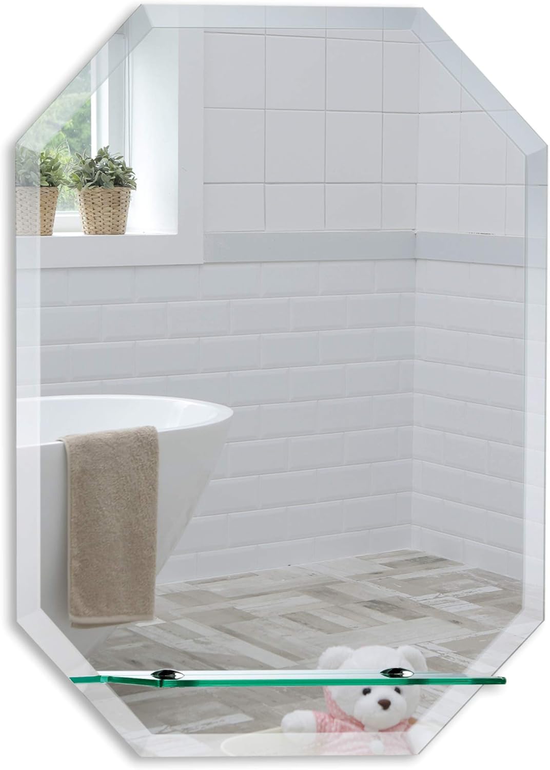 Neue Design Mood Octagonal Bathroom Mirror with Shelf, Wall Mounted, (18 x 24 inch) Frameless Modern & Stylish Design with Contemporary Bevelled Edges