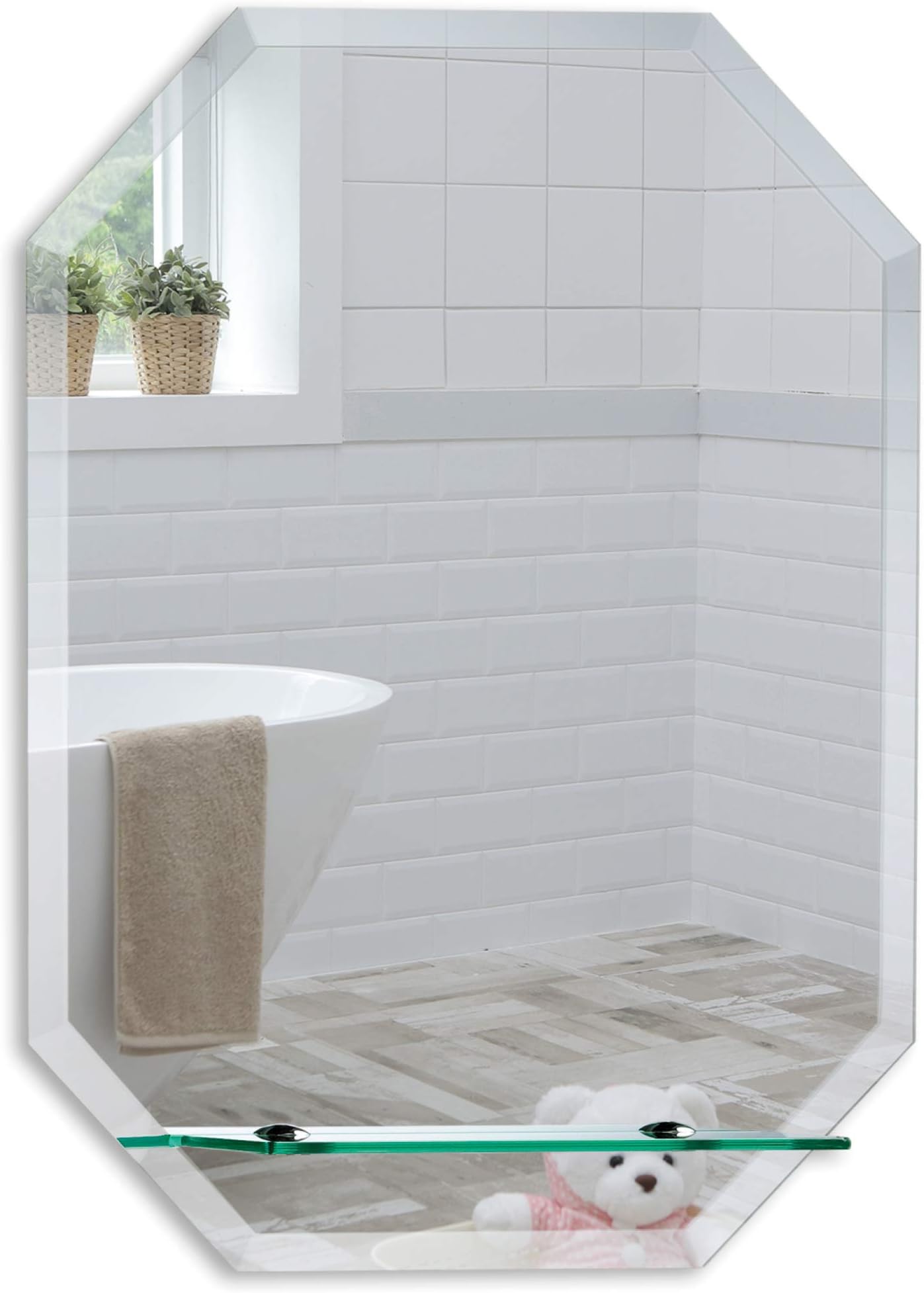 Neue Design Mood® Premium Octagonal Bathroom Mirror with Shelf, Wall Mounted Bevelled Frameless Mirrors, Toilet Bedroom Hallway (60cm x 45cm)