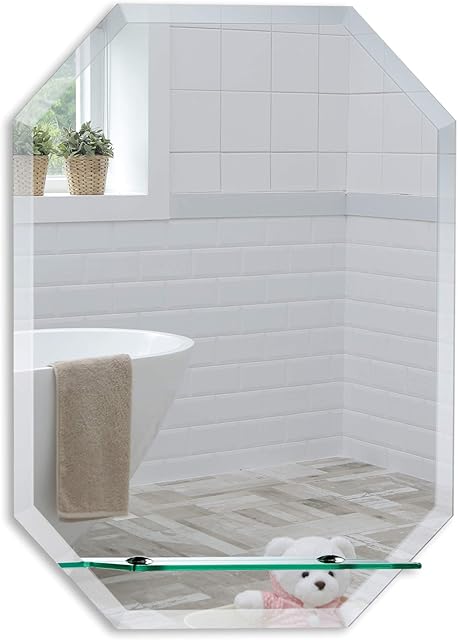 Neue Design Mood Octagonal Bathroom Mirror with Shelf, Wall Mounted, Frameless Modern & Stylish Design with Contemporary Bevelled Edges (60cm x 45cm)
