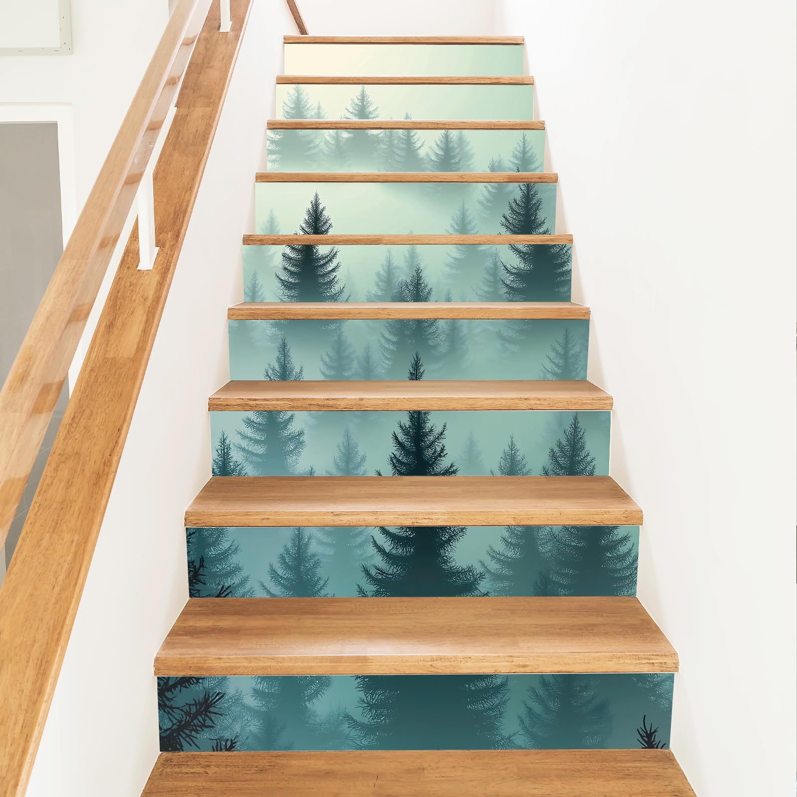 Stickers pour escalier imperméables et résistants motif forêt de brouillard en vinyle 15 pces