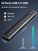 RSHTECH 16 portos USB 3.0 hub aktív tápellátással, alumínium, 100W, professzionális 3