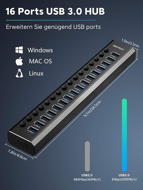 RSHTECH 16 portos USB 3.0 hub aktív tápellátással, alumínium, 100W, professzionális