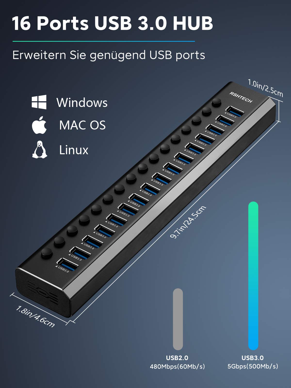 RSHTECH Aluminium16 Port USB Hub Aktiv 3.0 mit 100W Netzteil, RSH-A16 | USB 3.0 Hub mit Schalter - für PC, Mobile HDD, Flash-Laufwerk, Professionelle Business Grade - Stabile Datenübertragung