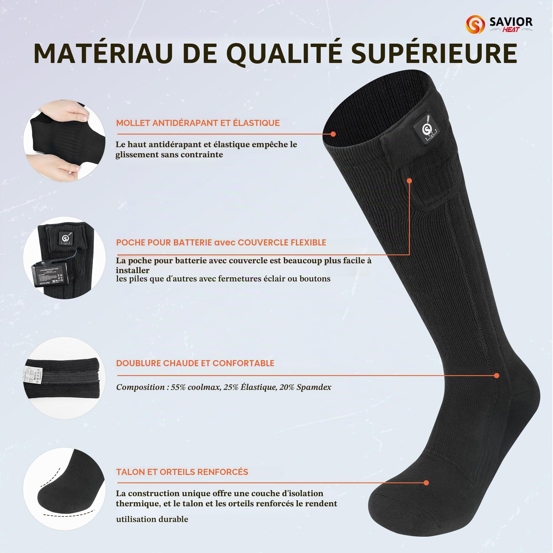 Chaussettes chauffantes pour Homme et Femme, SAVIOR HEAT Chaussettes de Ski Longues et épaisses avec Batterie Rechargeable électrique pour l'hiver la randonnée Camping Moto Cyclisme Courir