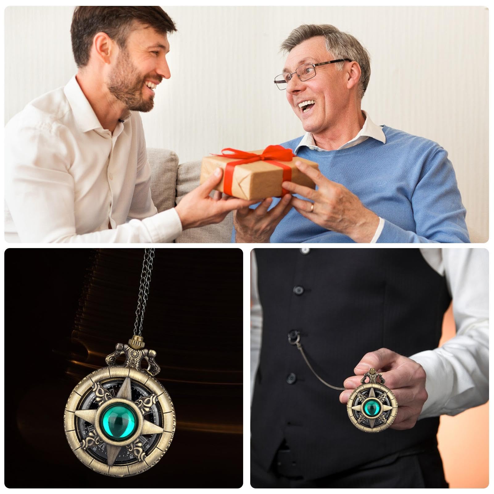 Montre de poche à remontage manuel mécanique vintage style steampunk en pierre précieuse avec chaîne pour homme femme cadeau de Noël