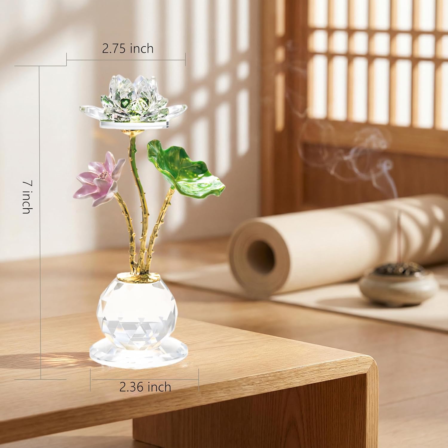 Crystal Lotus Flower Figurine with Vase - Handmade Glass Lotus Flower Home Decor, Good Luck Gifts for Women on Christmas Day Mother's Day Wedding Party Valentine's Day Wedding(Green)