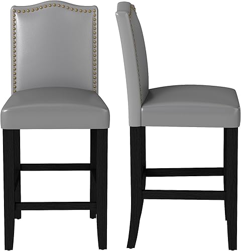 Miniatura 12 de LSSPAID Juego de 2 taburetes de bar tapizados de poliuretano de 24.8 pulgadas, sillas de isla de cocina con respaldo de clavos de bronce y patas de