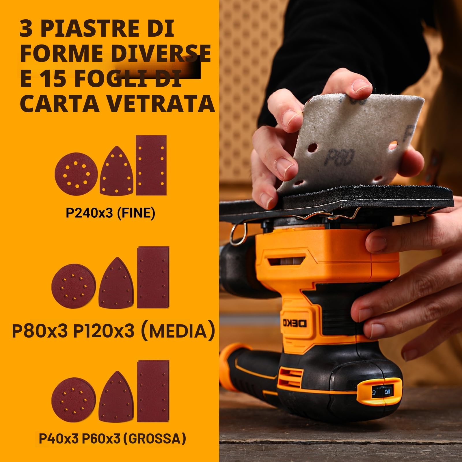DEKOPRO 3-IN-1 Levigatrice Orbitale: Levigatrice Multifunzione 300W 13000RPM, con 15 fogli di carta vetrata, 6 velocità e accessori per il lavoro del legno