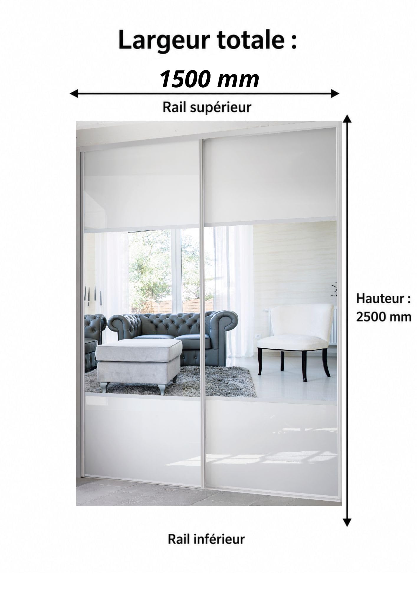 2 portes de placard coulissantes, hauteur 250 cm, largeur totale 150 cm, décor brillant blanc, partitionné miroir argent, profils et rails gris inclus