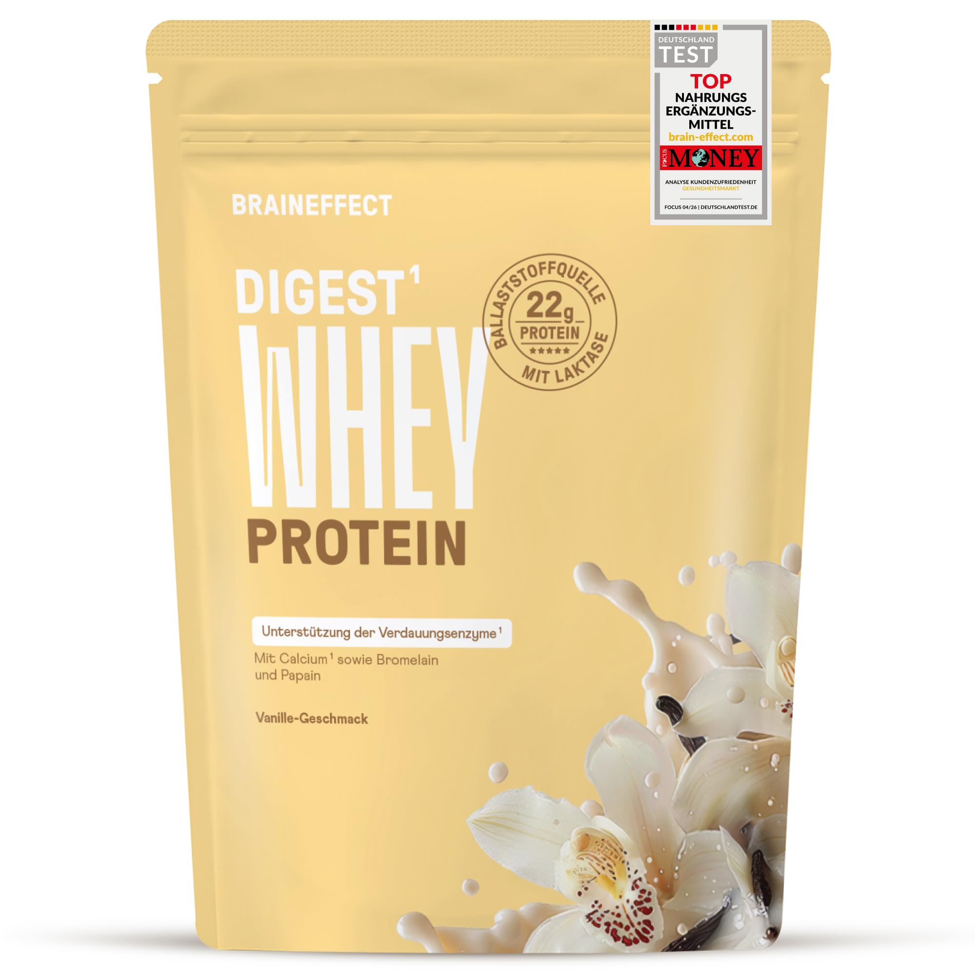 BRAINEFFECT Whey Digest Protein Pulver – 22 g Molkenprotein mit Verdauungsenzymen & Laktase – Leicht verdaulich, laktosefreundlich, für Muskelaufbau & Regeneration – Vanille eiweißpulver – 600 g