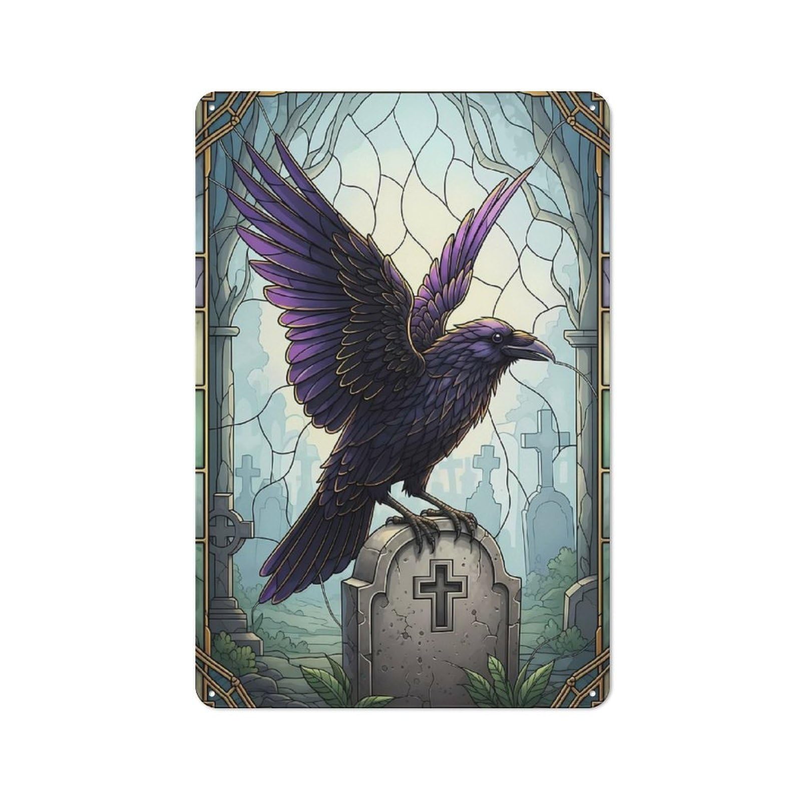 Junmoney Style-3 Cosy Raven On Tombstone Stained Glass Art Metal Plaque 30X20cm, Kitchen Wall Decor For Kitchen, Cafe, Pantry Or Dining Room