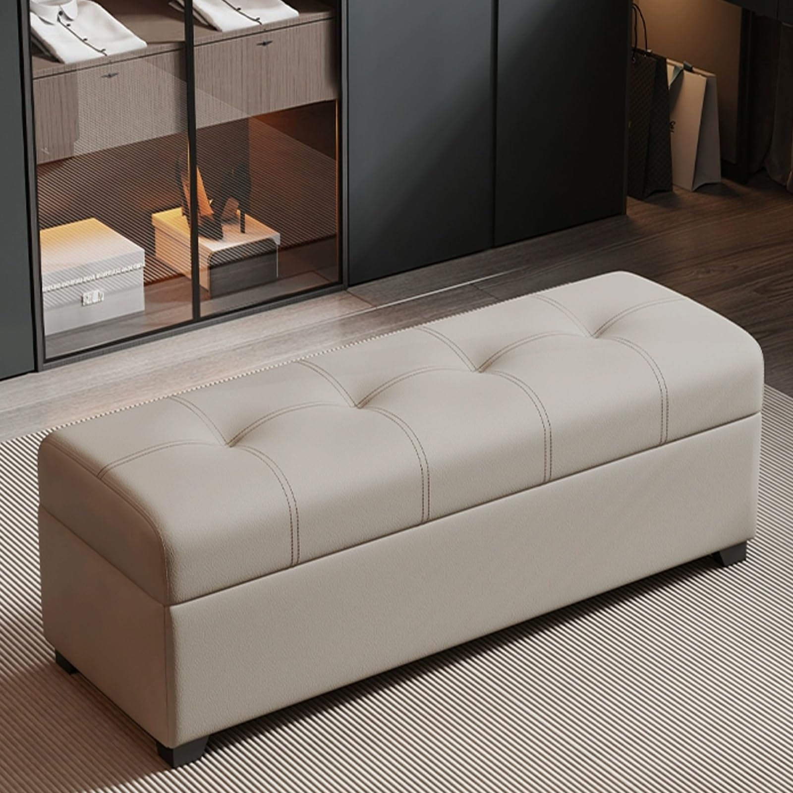 LUUYYI Moderno zapatero con asiento acolchado para dormitorio o sala de estar, armario de almacenamiento multifuncional para decoración interior del hogar (beige gris-60 cm)
