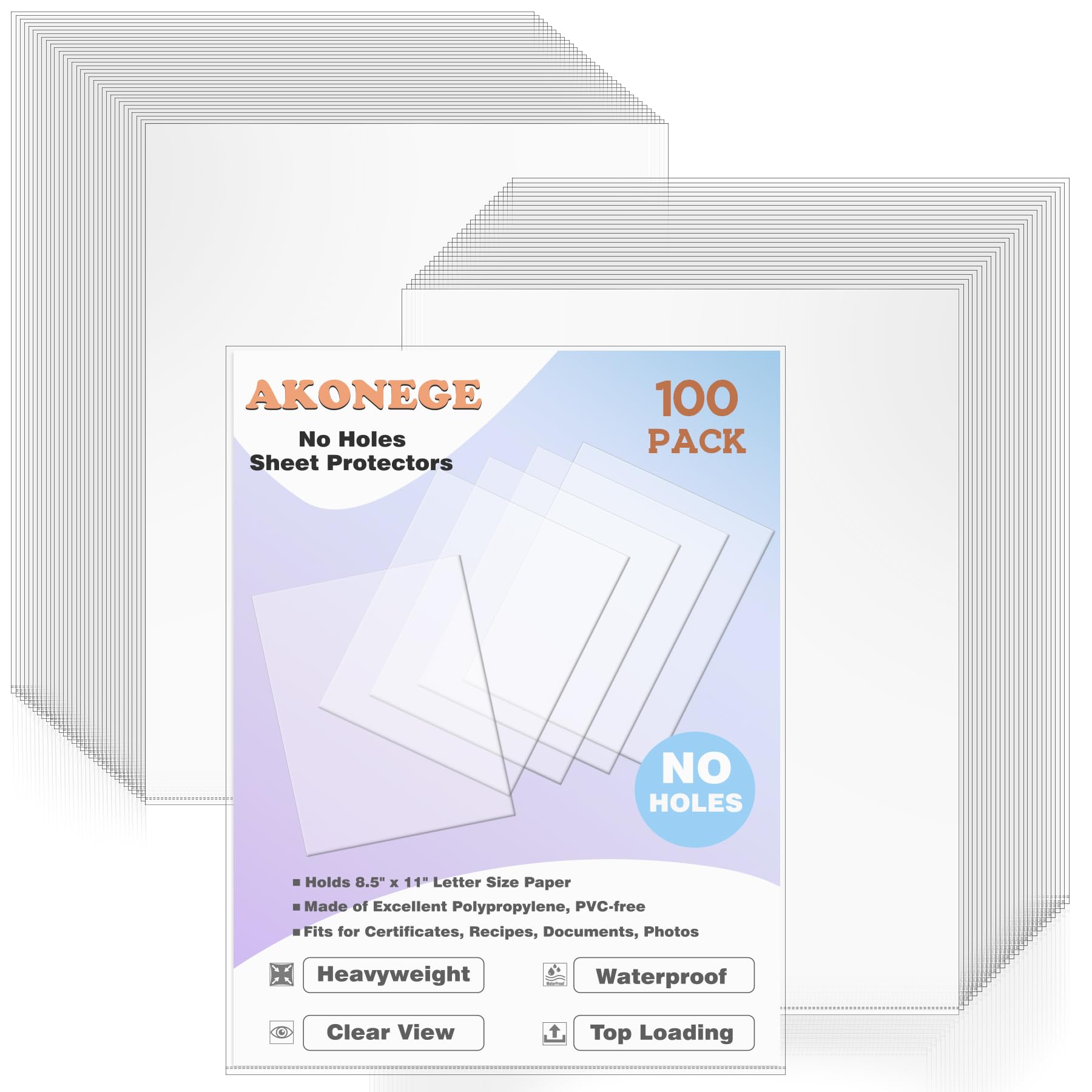 AKONEGE Paquete de 100 protectores de hojas sin agujeros de 8.5 x 11 pulgadas, protectores de papel de tamaño carta, fundas de papel de plástico pesado de carga superior, protectores de página de