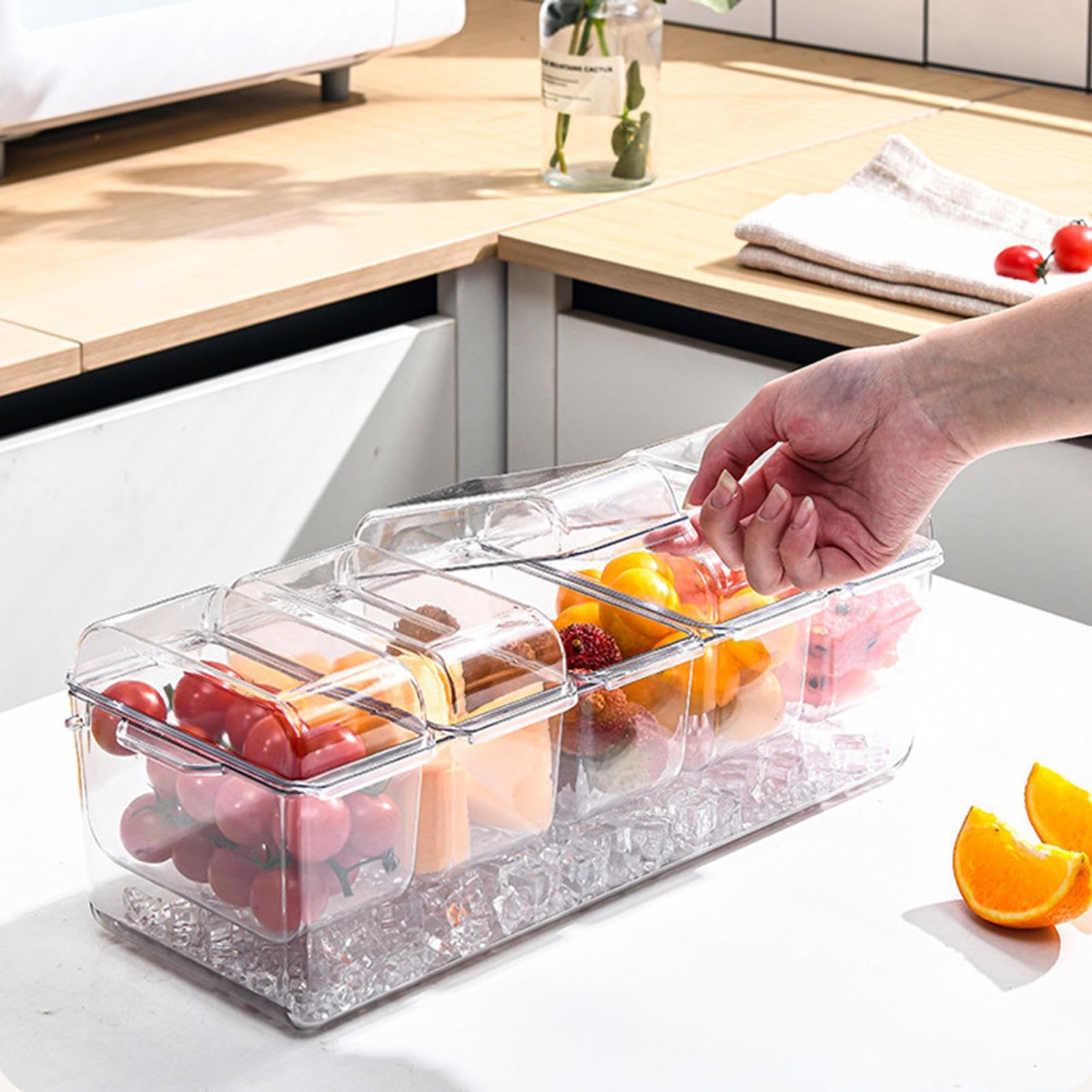 Vassoio Portavivande Refrigerato In Acrilico Trasparente Con Scomparto Ghiaccio E Scomparti Rimovibili, 40x14.5x13.5 Cm, Per Buffet, Frutta, Antipasti - 3