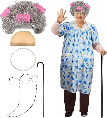 knee length dresses for ladies 4E's Novelty Old Lady Costume for Kids 7 Pcs Grandma Dress-Up for 100 Days of School