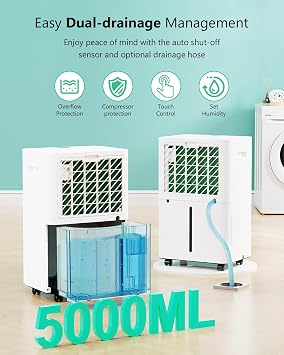 Dehumidifier, 20L/Day Quiet Portable Compressor Dehumidifier for Bedroom Bathroom Warehouse with 3 Modes, 24H Timer, Continuous Drainage, Humidity Control, Dryer Function, Auto Defrost, Low Energy