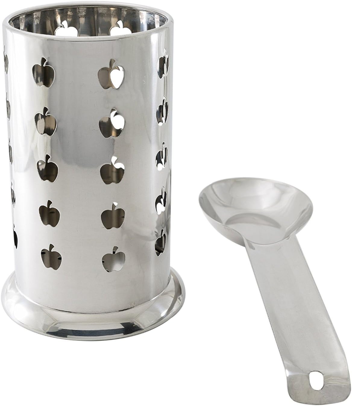 Kitchen Utensil Holder with Large Spoon Rest - Shiny Stainless Steel with Cute Apple Cutouts - 7” Tall and 3.5” Wide (4.75” Base Width)