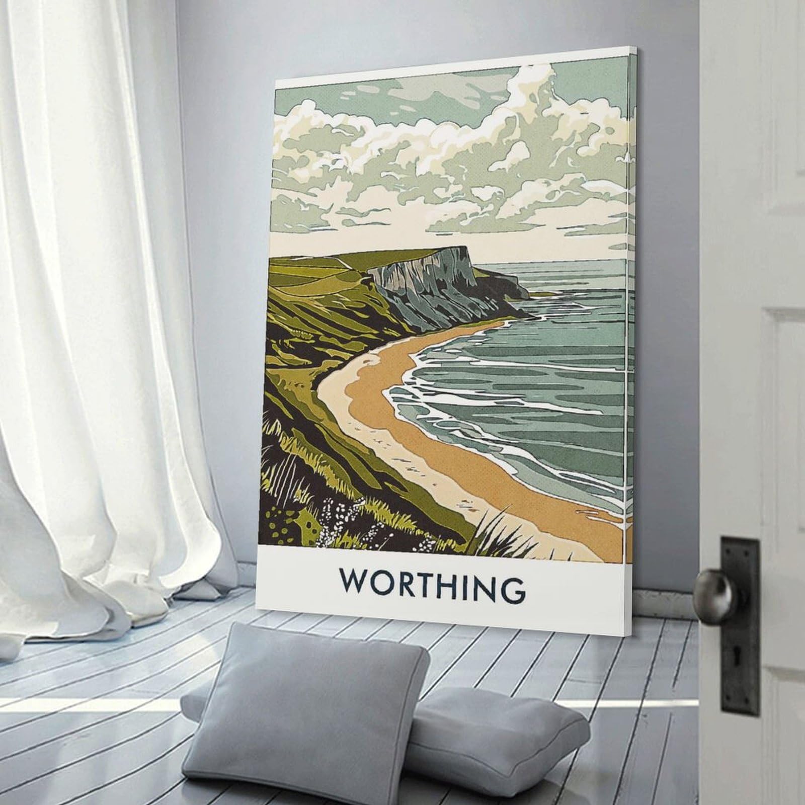 Junmoney Worthing Beach Landscape Canvas Wall Decor 20x30inch(50x75cm), for Lounge, Study, Hallway Or Flat Walls, Canvas Wall Art That Fits Changing Layouts