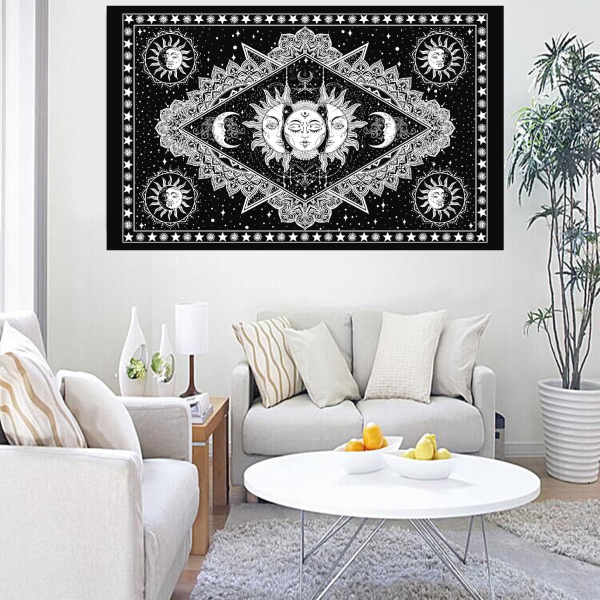 Ava Collections Diamond Sun Tapestry B/W Sun Moon Tapestry Mandala Wall Hangings Tapestries Wall Art Trippy Hippie Small Bohemian Poster Boho Decor Size 102X76 Cm ()