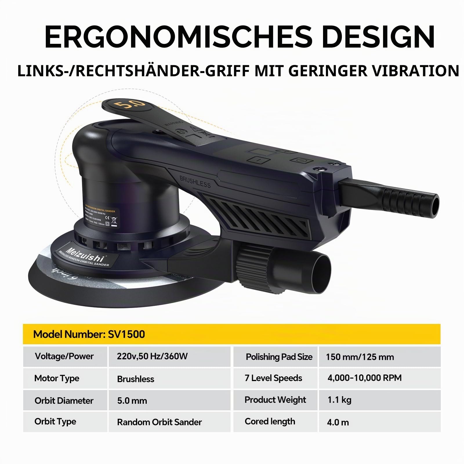 125/150 mm Bürstenloser Exzenterschleifer 360W mit 5 mm Hub | 7 Geschwindigkeiten 4K–10K U/min, 4m Kabel, staubabsaugend, vibrationsarm. Je 10 Schleifpapiere für Holz, Metall, Karosserie