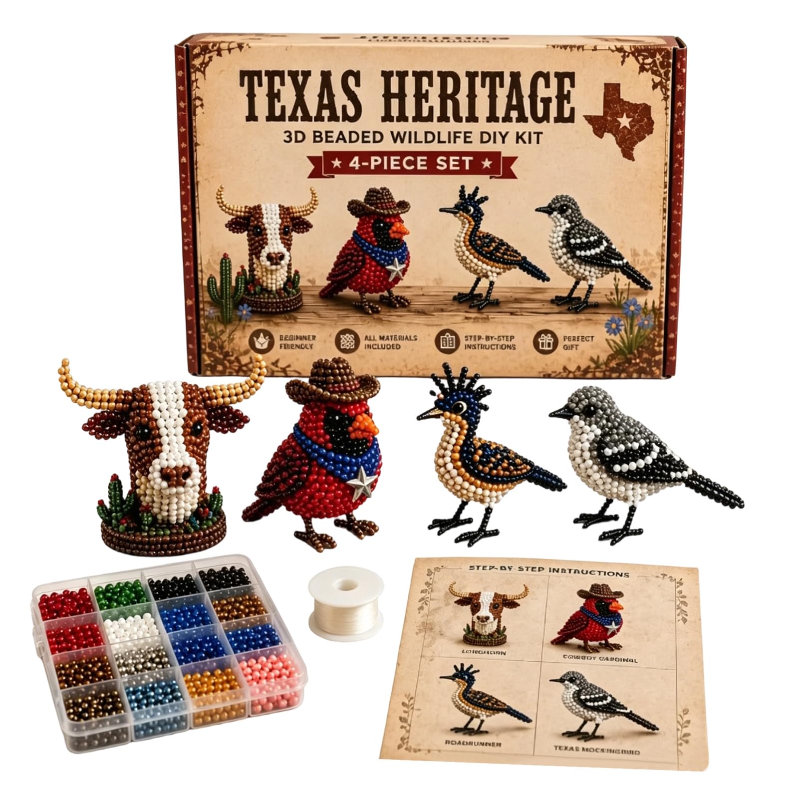 Hamosky 3D Beaded Animal DIY Kit, Handmade 3D Beadwork Art Craft Set, DIY Animals Beadwork Craft Kits,Beginner Friendly Craft Kit with Step-by-Step Instructions for Teenss (Texas Heritage)