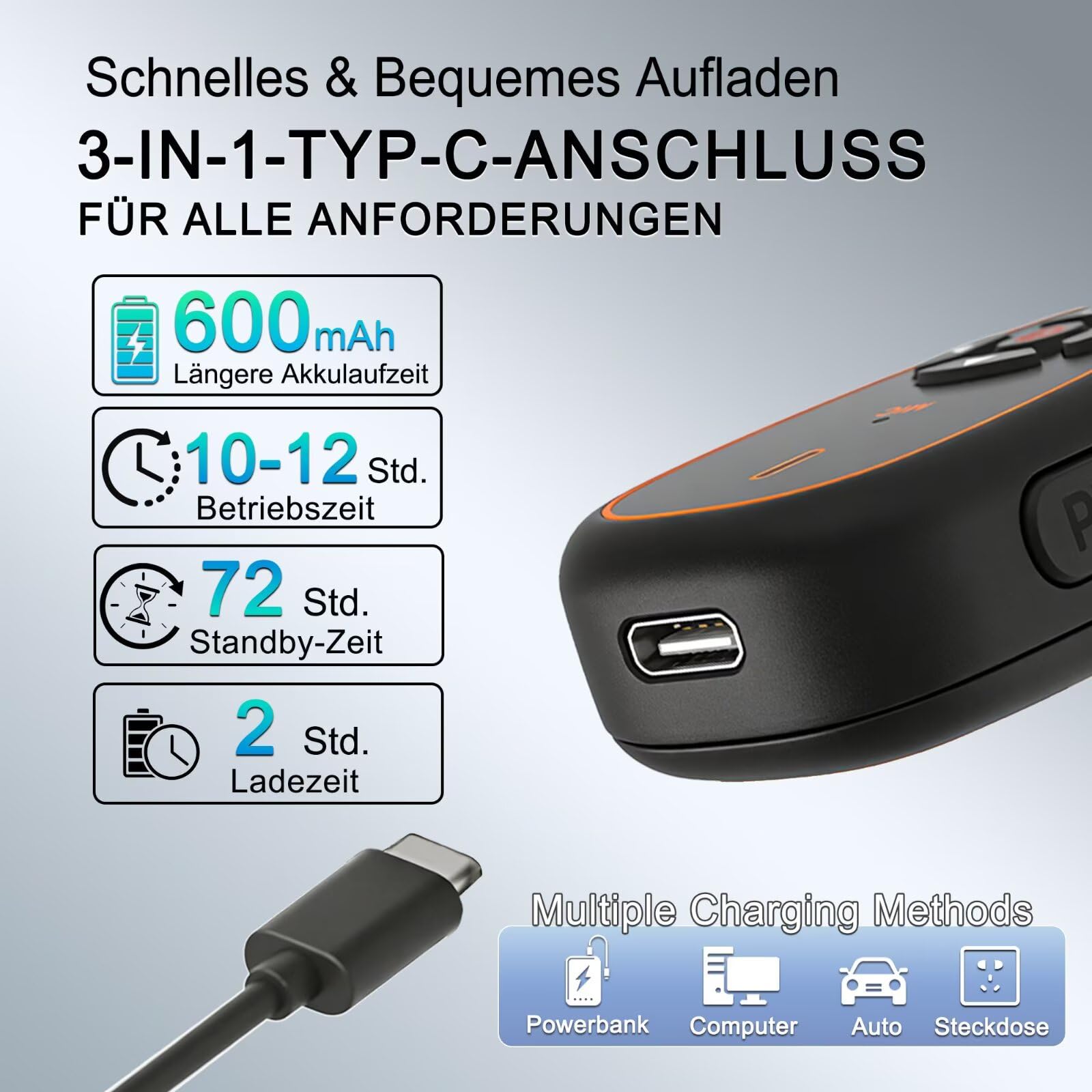 T-M12 Mini Funkgerät mit Headset KI-Sprachsteuerung Hände Frei | Typ-C Wiederaufladbarer 16 Kanäle 28g Leicht Mini Walkie Talkies für Gastronomie Einzelhandel Outdoor Reisen (2 Stück)