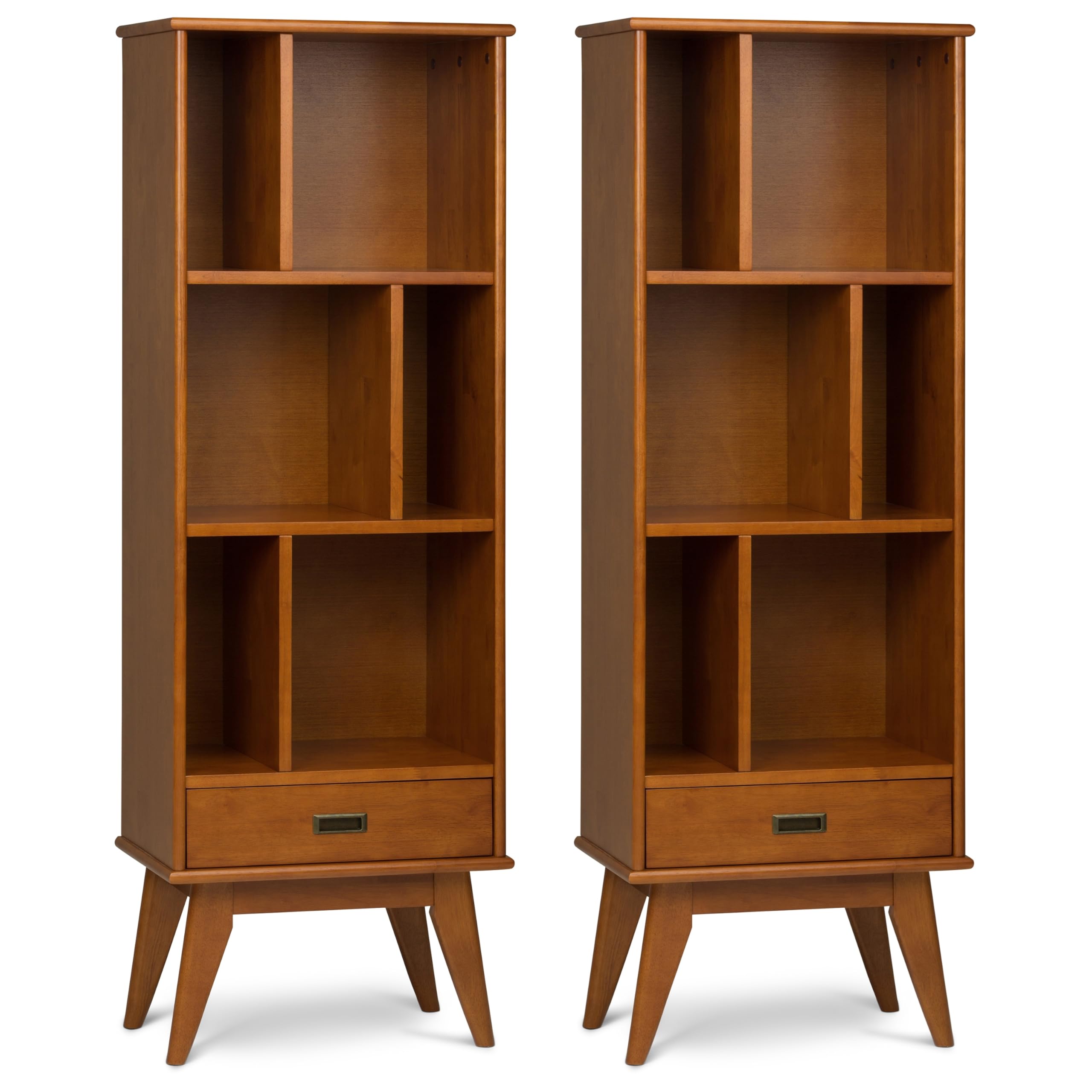 SIMPLIHOME Draper 22 inch Mid-Century Modern 6 Cubbie Bookcase with Drawer (Set of 2) in Teak Brown for The Living Room, Study Room and Office