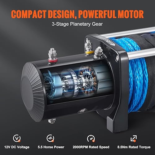 Miniatura 3 de VEVOR Cabrestante eléctrico, cabrestante de cuerda de nailon con capacidad de carga de 12 V, 8000 libras, IP67 720 pulgadas x 85 pies con control