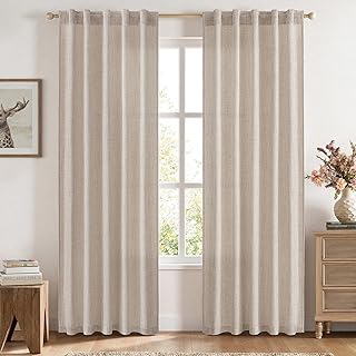 MIULEE Faux Linen Curtains 84 Inch Length 2 Panels Natural Semi Sheer Cu...