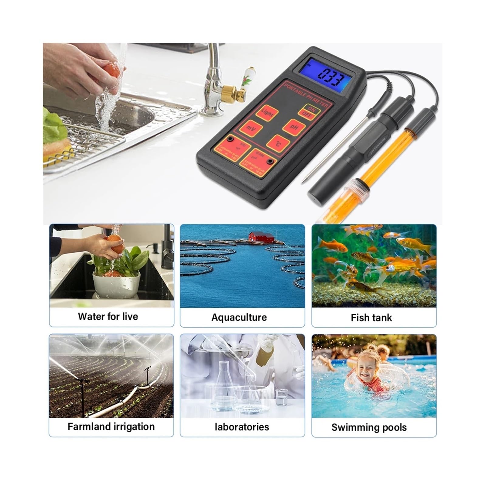 Kit de análisis de suelo, Medidor de pH, ORP y temperatura de alta precisión, sensor de prueba MV portátil, monitor for acuario y piscina, probador de calidad del agua, bolígrafo de agua