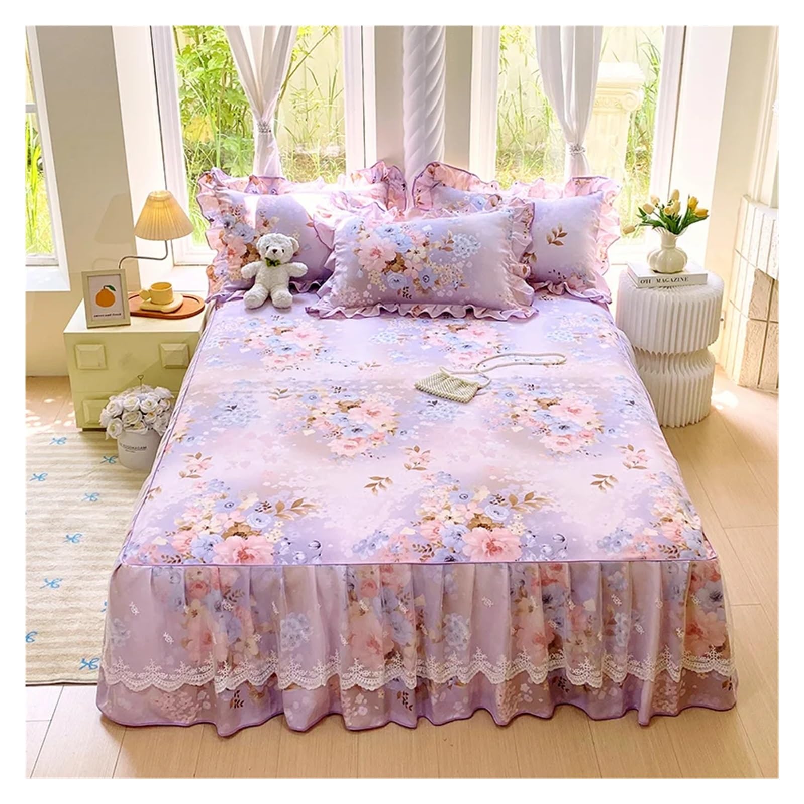 1pc Skin-friendly Bed Skirt Floral Style Bedspread Ruffles Bed Cover Mattress Protector No Pillowcase(Color-05,180x200cm 1pc)