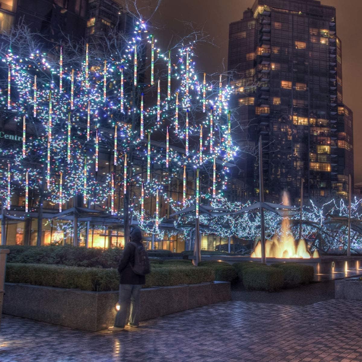 Lalapao Outdoor Christmas String Lights Solar Powered LED Meteor Shower Rain Lights Falling Raindrop Light 10 Tubes 360 LED Cascading Fairy Lights for Xmas Tree Garden Wedding Party Decor(Multi-Color)
