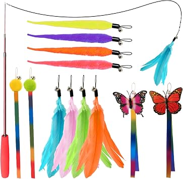 Cat Toys for Indoor Cats, 13 Packs Interactive Cat Wand Toy Set with Feather&Ribbon Refills, Feather Toys for Exercise, Playtime and Boredom Relief with Kitten