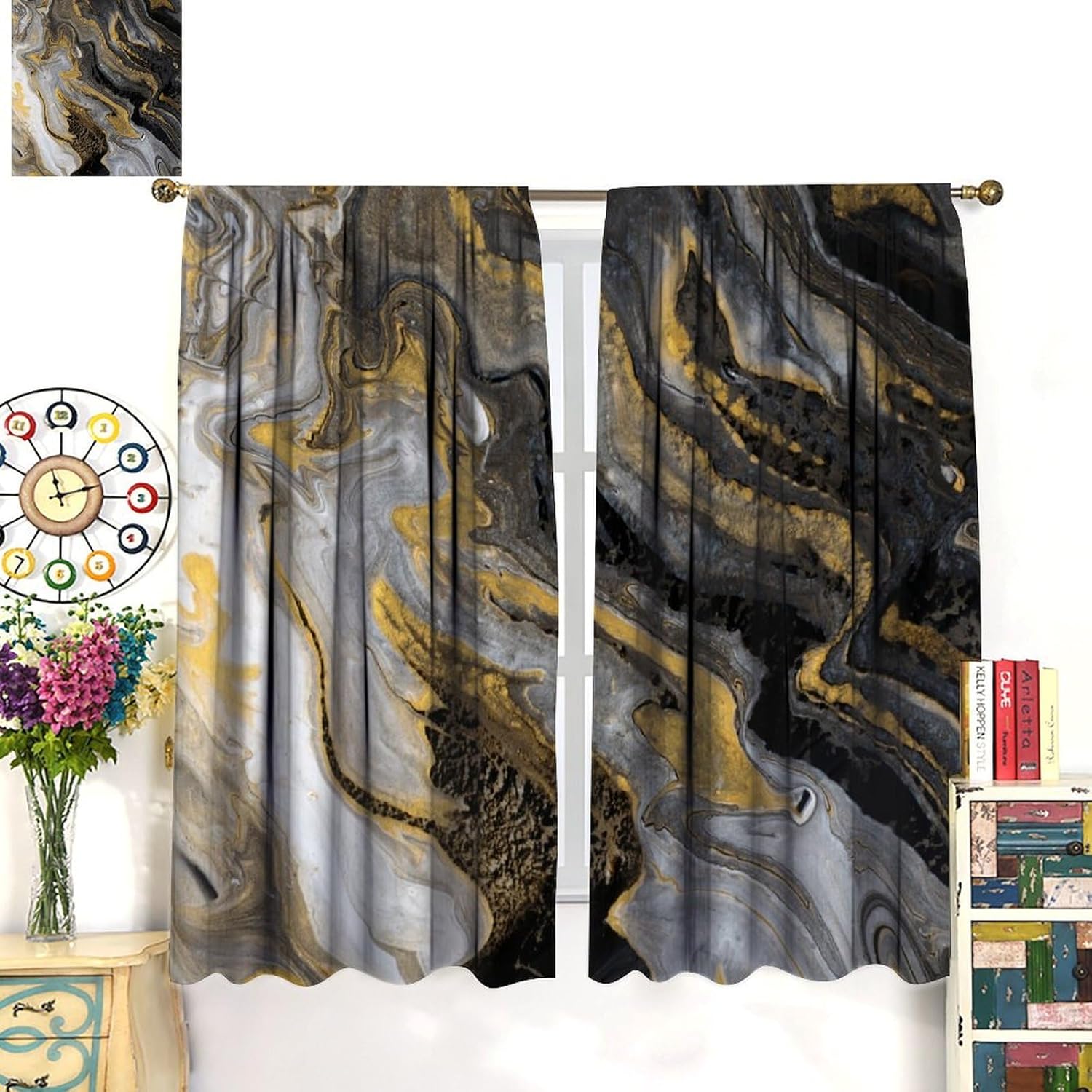 Black White Marble Texture Blackout Window Curtains, Grey Gold Vintage Stone Modern Art Print Window Drapes, for Living Room Bedroom 42" W X 45" L