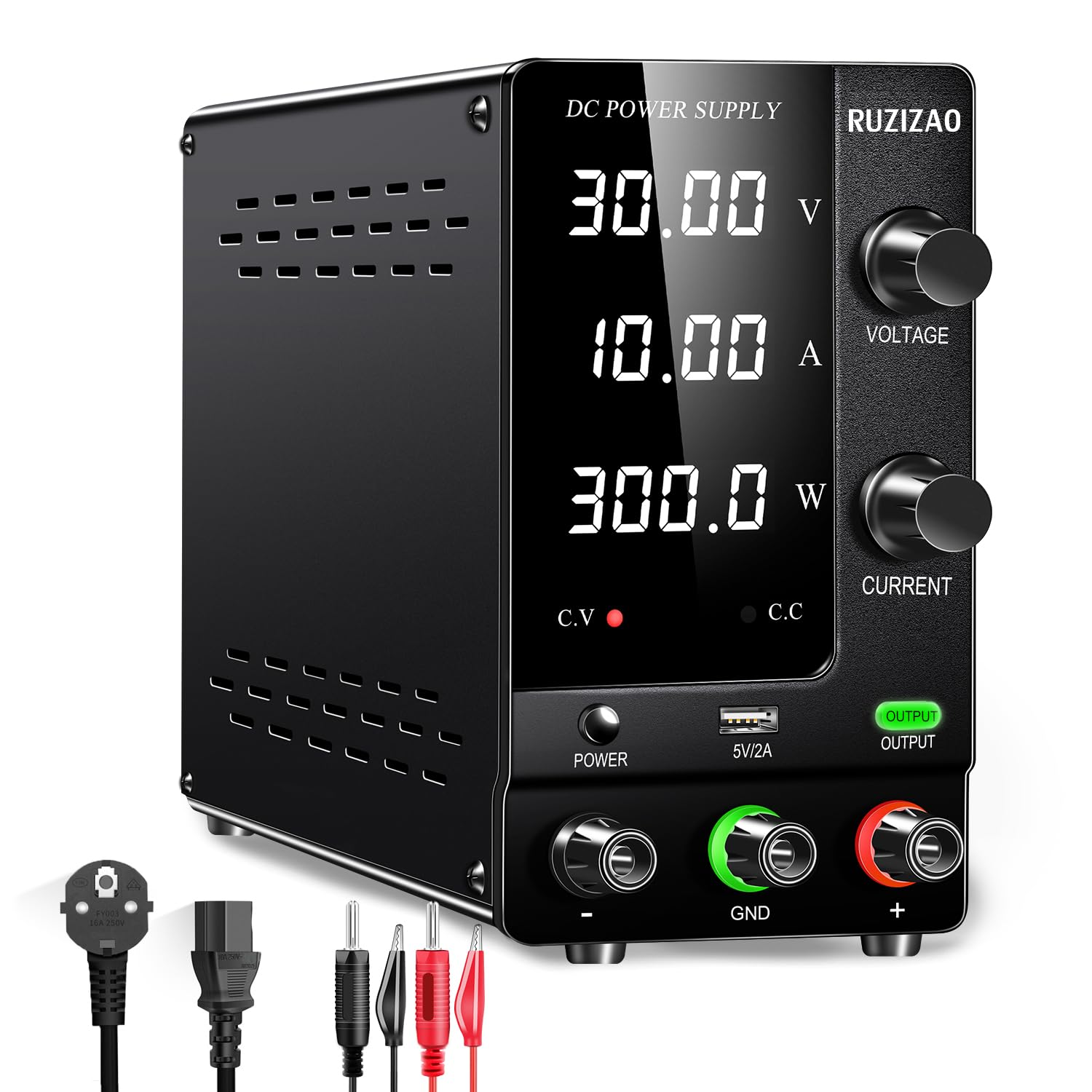 Fuente de Alimentación Regulable 30V 10A, Fuente de Alimentación de Laboratorio con Codificador y Interruptor de Salida, Fuente de Alimentación de Banco Pantalla LED de 4 Dígitos y Puerto USB