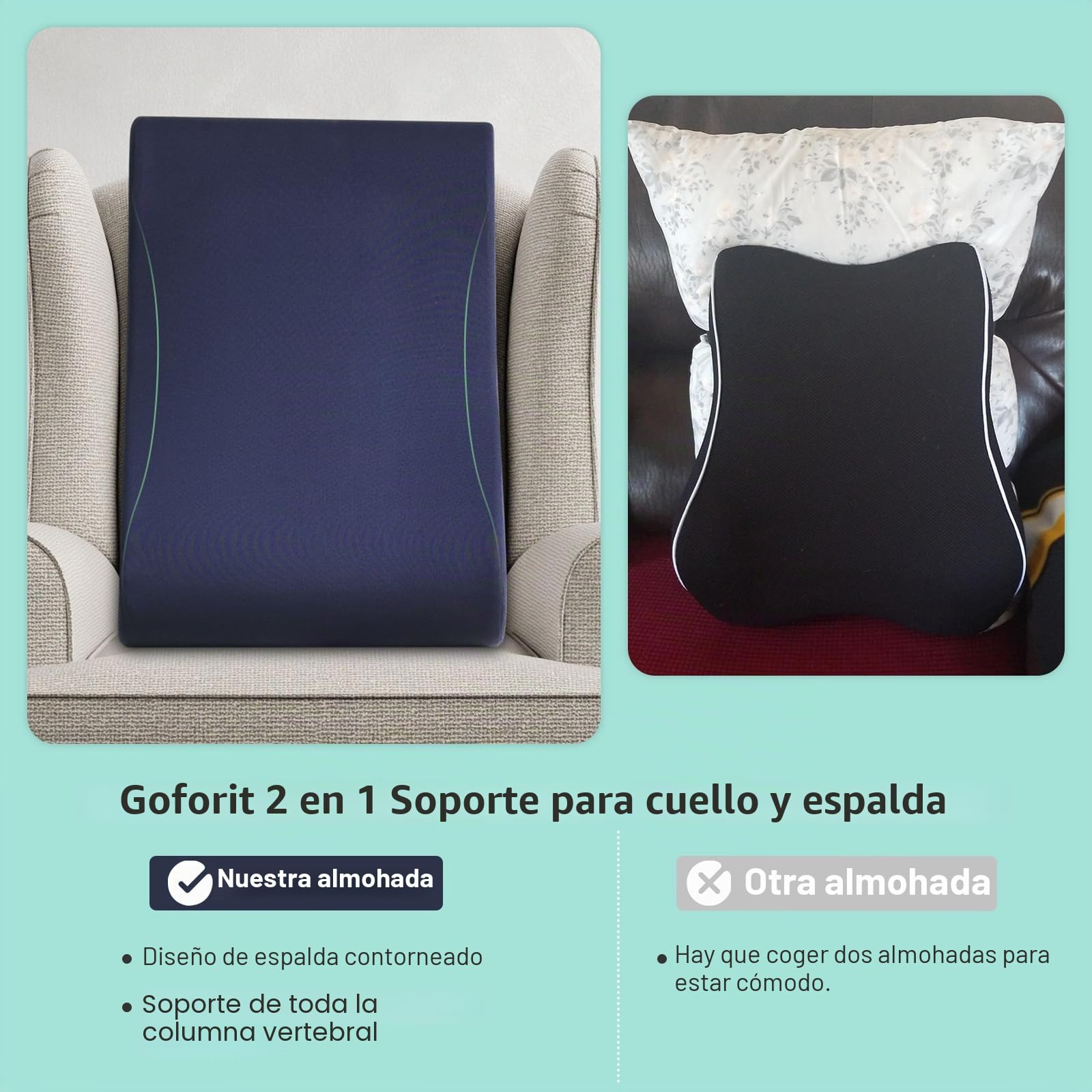 GOFORIT Cojín de espalda ergonómico para sillón reclinable y silla de columpio - 68 cm extra alto, suave cojín 2en1 para el cuello y la zona lumbar, antideslizante, funda lavable, para sofá y silla de