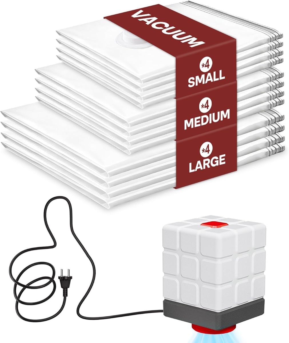 Vacbird Sacchetti Sottovuoto Vestiti con Pompa Elettrica, Confezione da 12 (4 grandi, 4 medi, 4 piccoli), Riutilizzabile Buste Sottovuoto Vestiti per Biancheria da letto, Viaggi, Traslochi