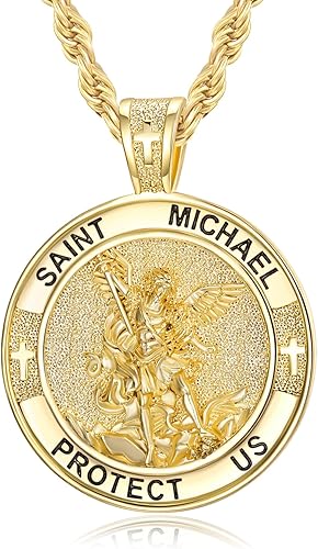 Patron Saint Medals, 14K Gold Protection Jewelry, Christmas Catholic Christian Religious Gifts for Men with 22"+2" Rope Chain