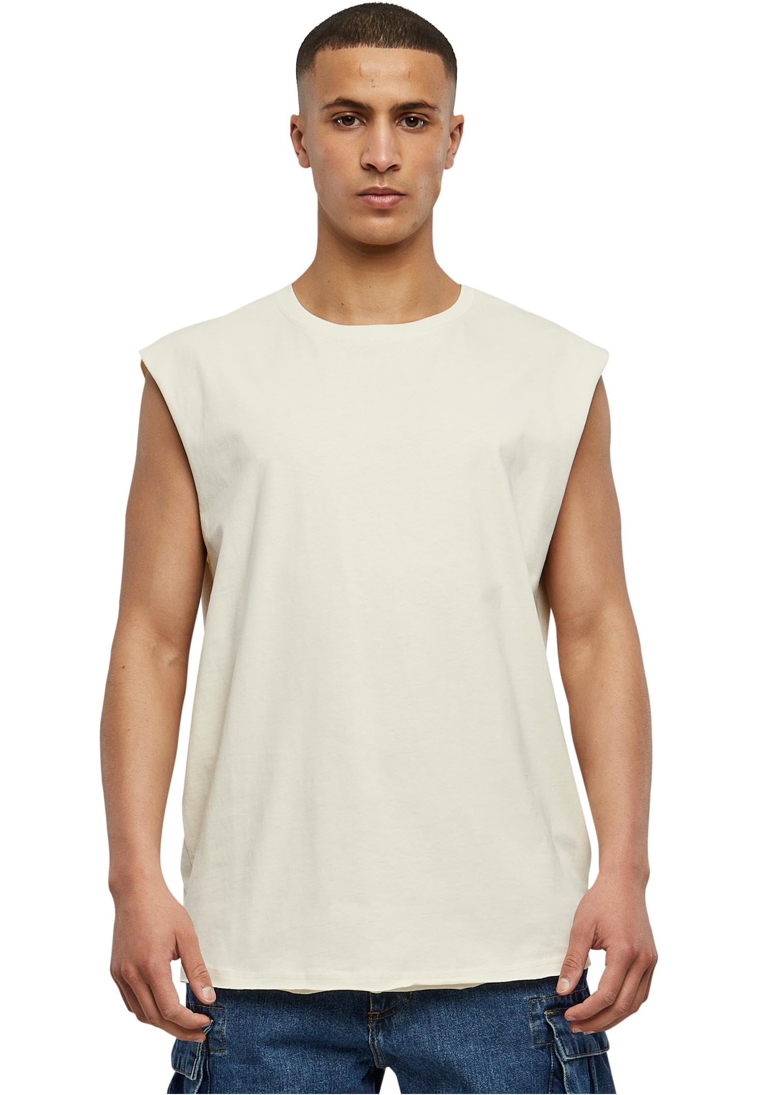Urban Classics Men's Open Edge Sleeveless Tee Sleeveless T-Shirt for Men Crew Neck Cotton Sizes XS-5XL, Whitesand., XXL