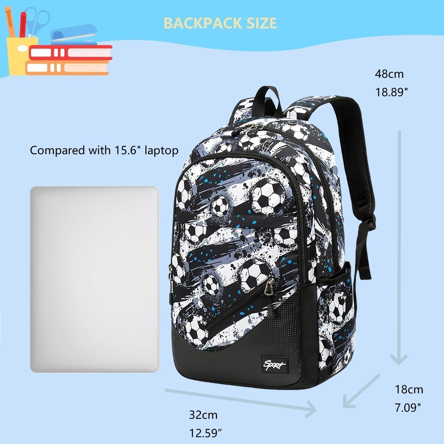 Soccer-Print Boys Backpack for School Kids Bookbag for Elementary Football Bag for Teens - Image 2