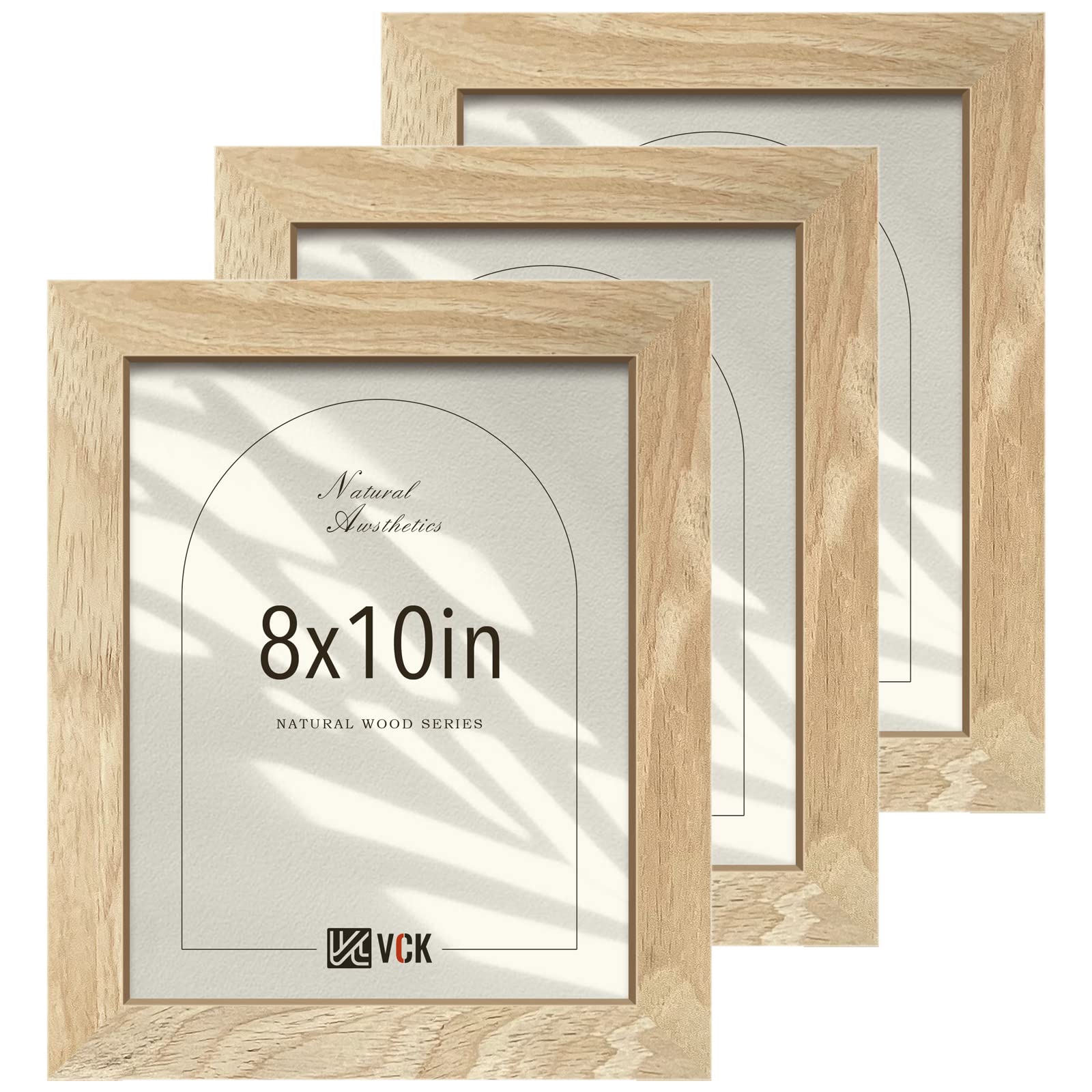 VCK Juego de 3 marcos de fotos de 8 x 10 pulgadas, marco de fotos de madera maciza natural beige, exclusivo grano de madera, exhibición de mesa o colgante de pared