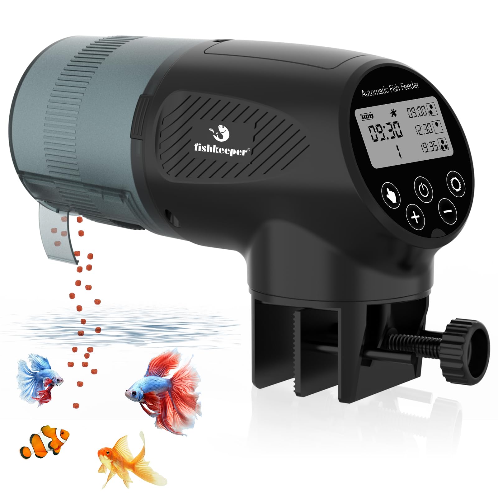 fishkeeper Automatic Fish Feeder for Aquarium: Moisture-Proof Auto Precision Feeders Dispenser with LCD Display for Small Tank Turtle Betta Koi - Battery Food Feeding Timer for Vacation Weekend Day