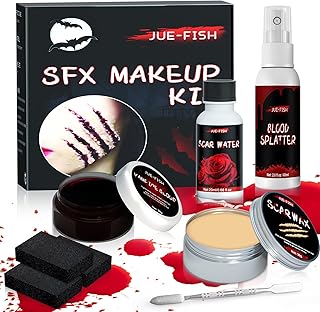 Jinhuaxin Fake Blood Halloween Makeup Halloween Fake Wounds Sfx Makeup Special Effects Makeup Kit 1 Scar Wax 1 Fake Blood Spray 1 Fake Blood gel 1 Scar Water 3 Scratch sponge 1 Spatula Tool