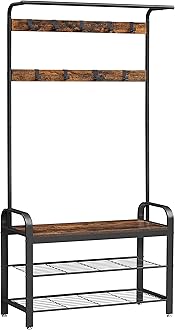 VASAGLE Coat Rack, Hall Tree with Shoe Bench for Entryway, Industrial Accent Furniture with Steel Frame, 3-in-1 Design, Easy Assembly, Rustic Brown and Black UHSR400B01, 33.1 x 13.3 x 72 inches